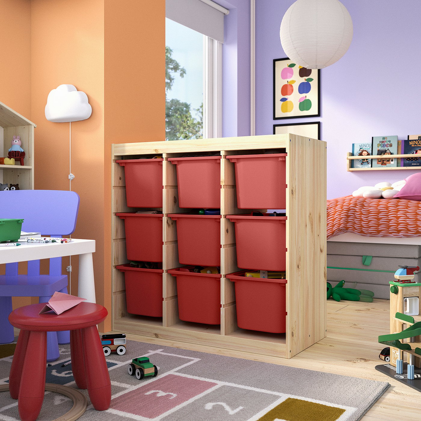 TROFAST storage combination with boxes, room divider/light white stained pine red, 93x44x91 cm