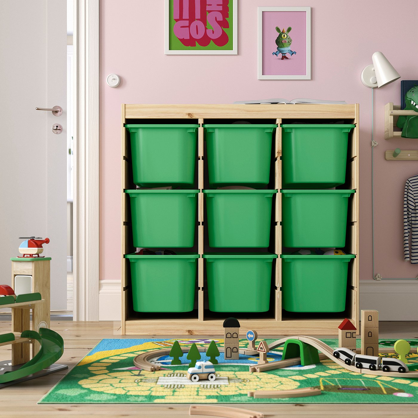 TROFAST storage combination with boxes, room divider/light white stained pine bright green, 93x44x91 cm
