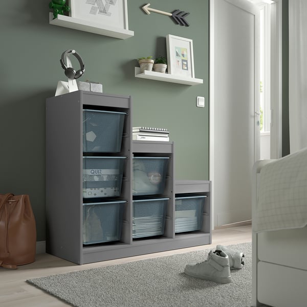 TROFAST - TROFAST Storage combination with boxes, grey/grey-blue, 99x44x94 cm
