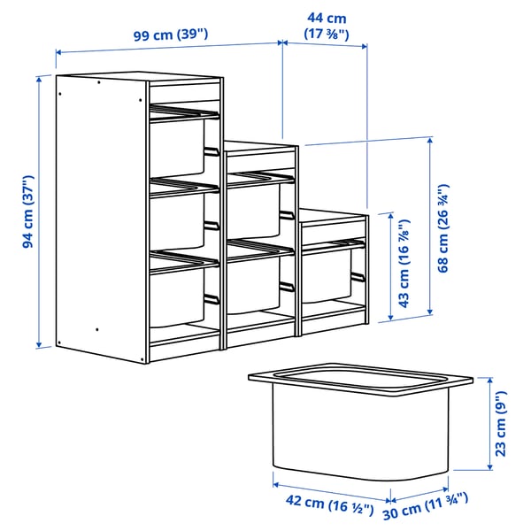 TROFAST storage combination with boxes, grey/dark grey, 99x44x94 cm