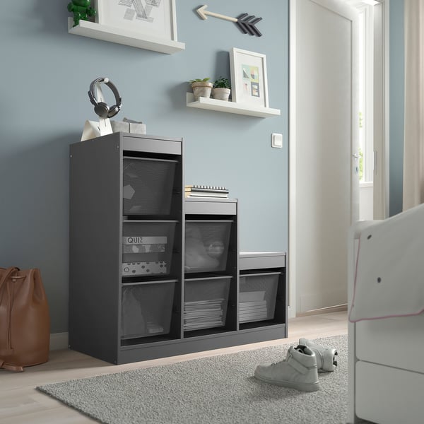 TROFAST storage combination with boxes, grey/dark grey, 99x44x94 cm
