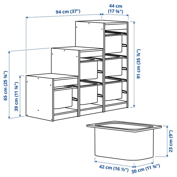 Ikea TROFAST - Combination with containers, pine with white/blue stain,94x44x91 cm