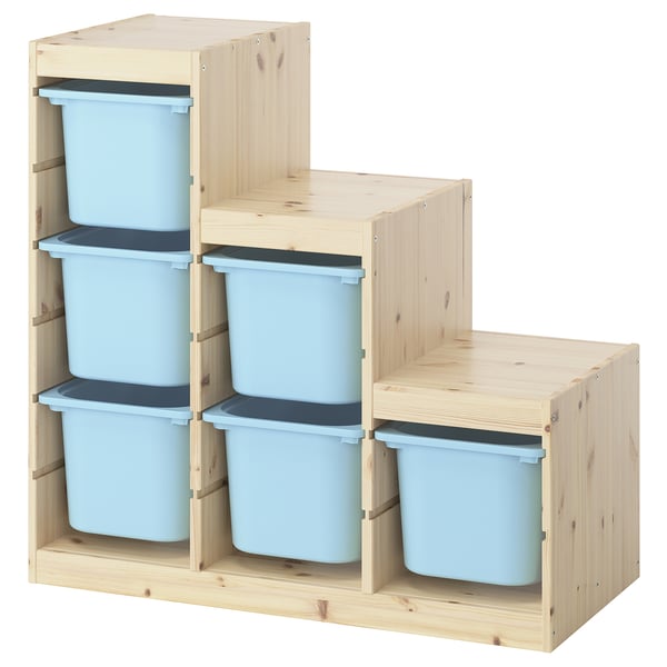 TROFAST - TROFAST Storage combination with boxes, light white stained pine/light blue, 94x44x91 cm