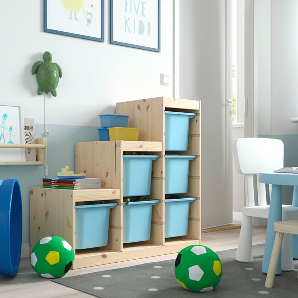 TROFAST storage combination with boxes, light white stained pine/light blue, 94x44x91 cm