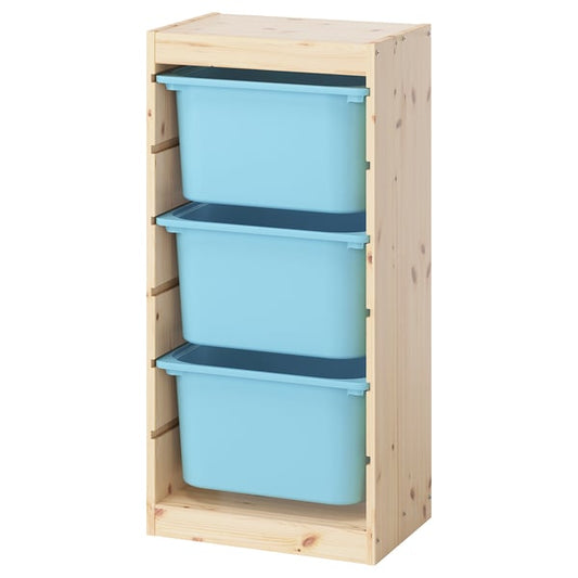 TROFAST - TROFAST Storage combination with boxes, light white stained pine/light blue, 44x30x91 cm