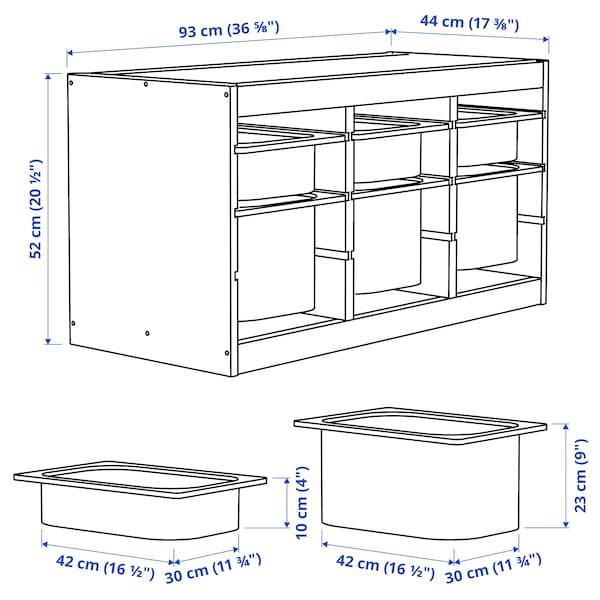 TROFAST - Storage combination with boxes, light white stained pine white/orange, 93x44x52 cm