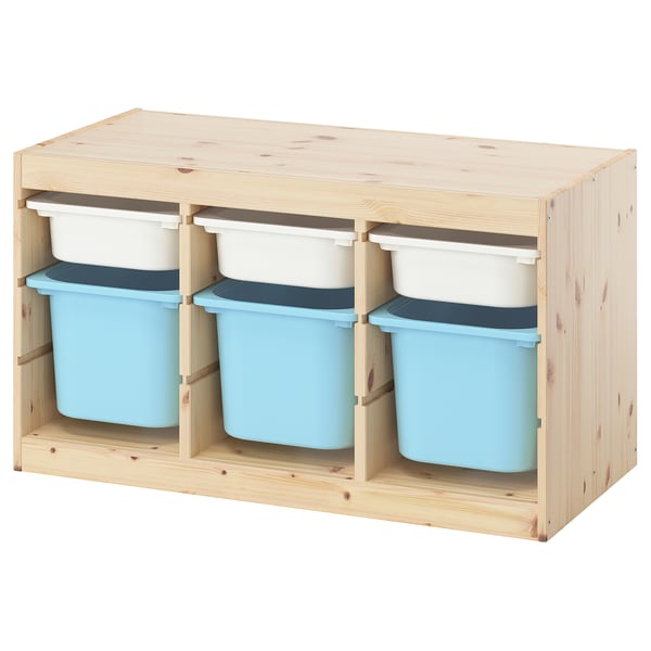 TROFAST Combination with storage units, pine with white/blue stain, 93x44x52 cm