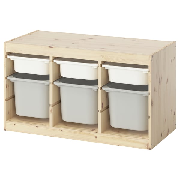 TROFAST storage combination with boxes, light white stained pine white/grey, 93x44x52 cm