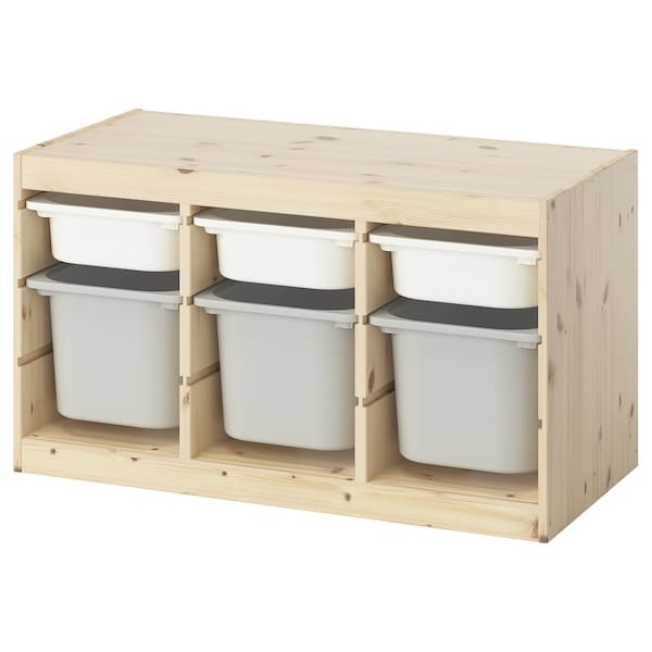 TROFAST - Storage combination with boxes, light white stained pine white/grey, 93x44x52 cm