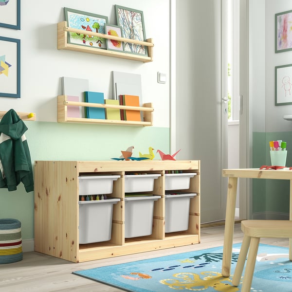 TROFAST storage combination with boxes, light white stained pine white/grey, 93x44x52 cm