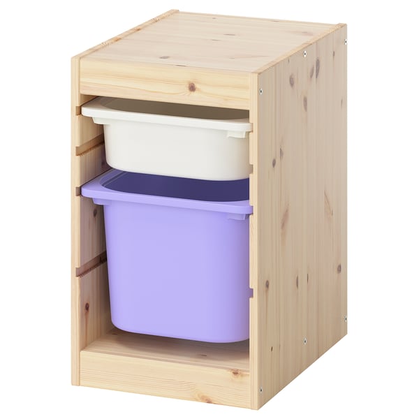 TROFAST storage combination with boxes, light white stained pine white/lilac, 32x44x52 cm