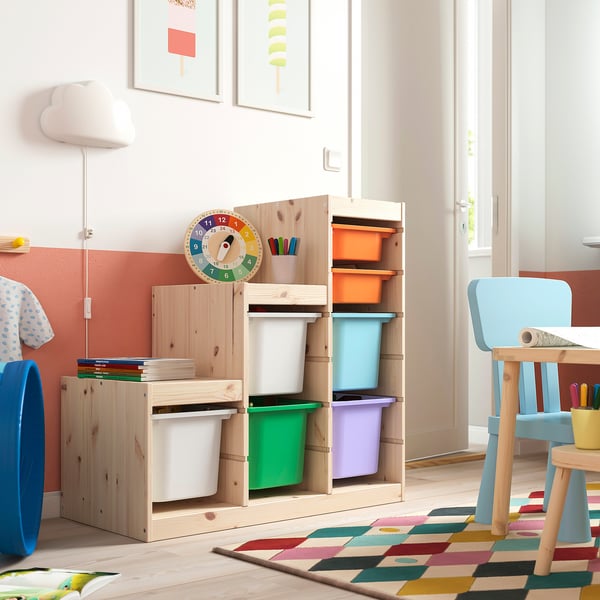 TROFAST storage combination with boxes, light white stained pine white/multicolour, 94x44x91 cm