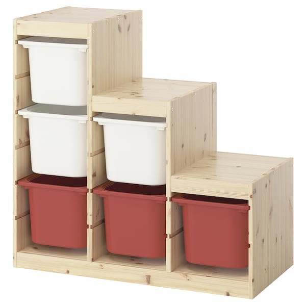 TROFAST - Storage combination with boxes, light white stained pine white/red, 94x44x91 cm