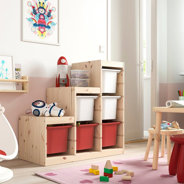 TROFAST storage combination with boxes, light white stained pine white/red, 94x44x91 cm