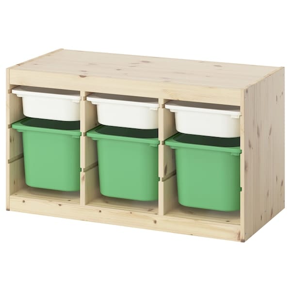 TROFAST - Storage combination with boxes, light white stained pine white/bright green, 93x44x52 cm
