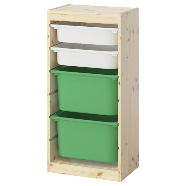 TROFAST - Storage combination with boxes, light white stained pine white/bright green, 44x30x91 cm