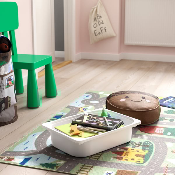 TROFAST storage combination with boxes, light white stained pine white/bright green, 93x44x52 cm