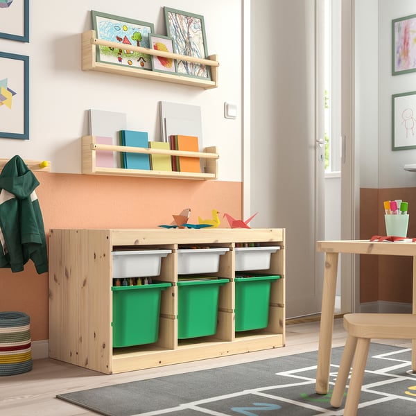 TROFAST storage combination with boxes, light white stained pine white/bright green, 93x44x52 cm