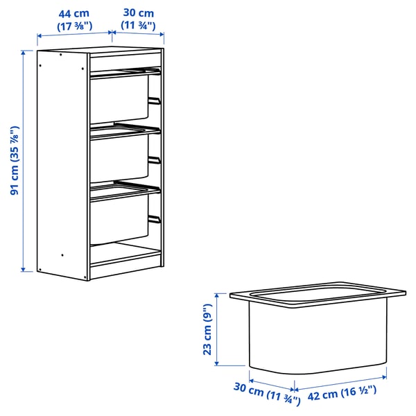 TROFAST - TROFAST Storage combination with boxes, light white stained pine/white, 44x30x91 cm
