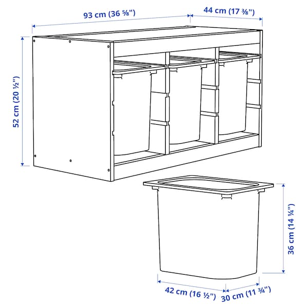 Ikea TROFAST - Storage combination with boxes, light white stained pine/white, 93x44x52 cm