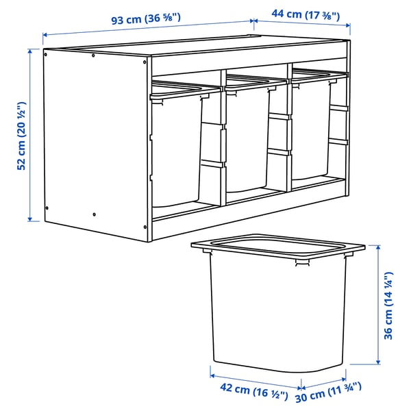 TROFAST - TROFAST Storage combination with boxes, light white stained pine/white, 93x44x52 cm