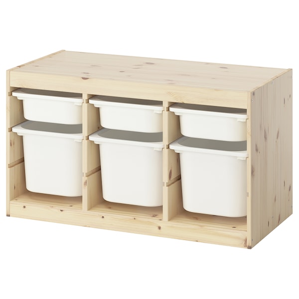 TROFAST storage combination with boxes, light white stained pine light orange/bright green, 93x44x52 cm