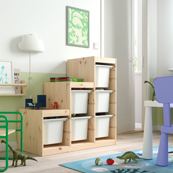 TROFAST - Storage combination with boxes, light white stained pine/white, 94x44x91 cm