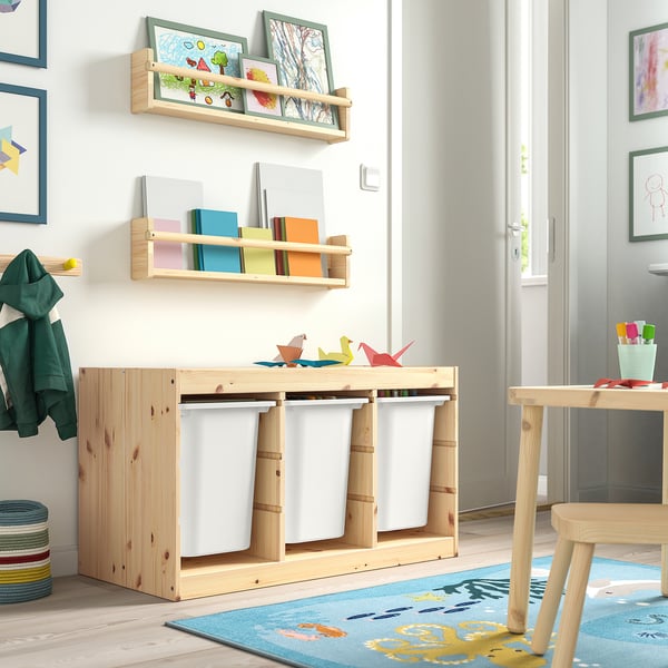 TROFAST storage combination with boxes, light white stained pine/white, 93x44x52 cm