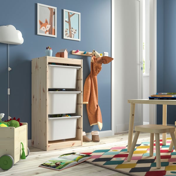 TROFAST - TROFAST Storage combination with boxes, light white stained pine/white, 44x30x91 cm