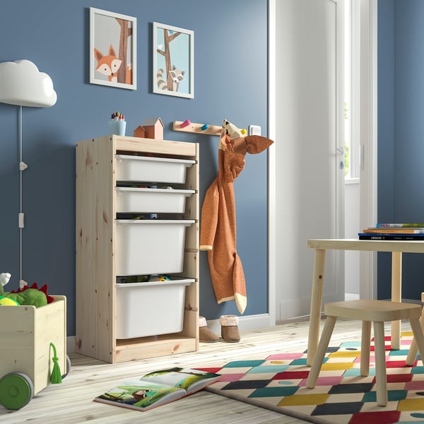 TROFAST - TROFAST Storage combination with boxes, light white stained pine/white, 44x30x91 cm
