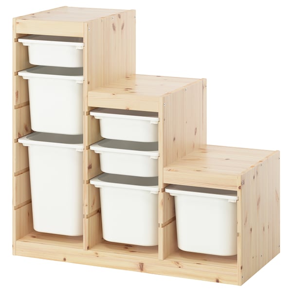 TROFAST storage combination with boxes, light white stained pine/white, 94x44x91 cm