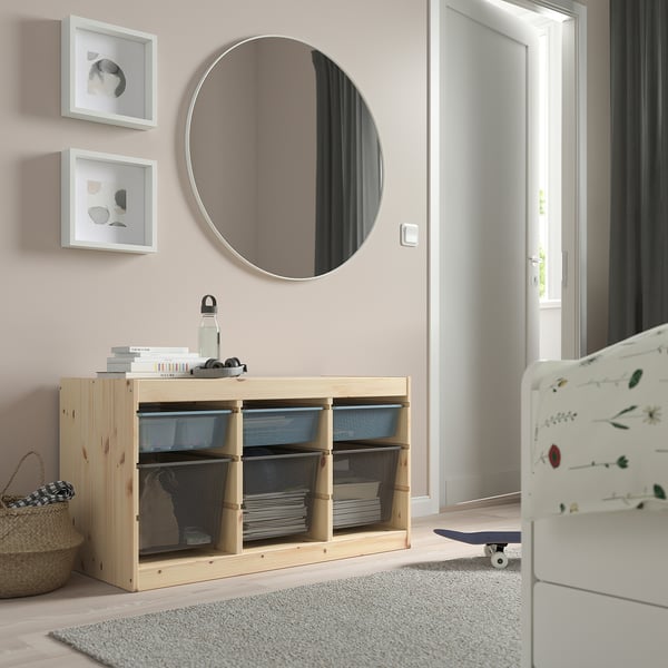 TROFAST storage combination with boxes, light white stained pine grey-blue/dark grey, 93x44x52 cm