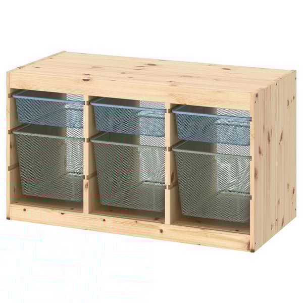 TROFAST storage combination with boxes, light white stained pine grey-blue/light green-grey, 93x44x52 cm