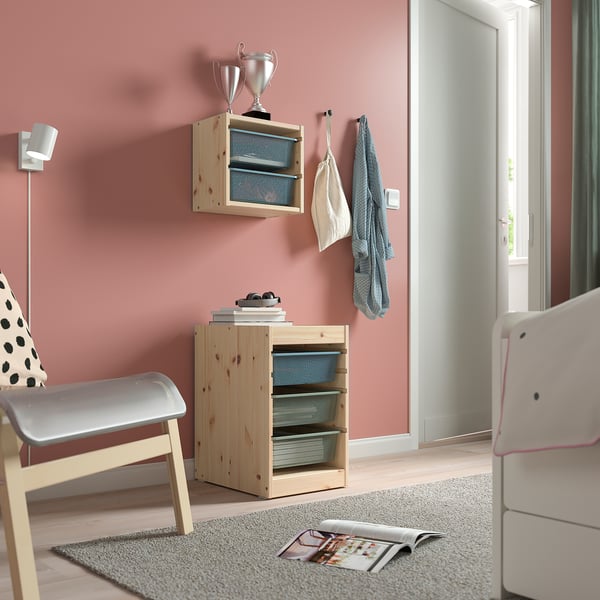 TROFAST storage combination with boxes, light white stained pine grey-blue/light green-grey, 32x44x52 cm