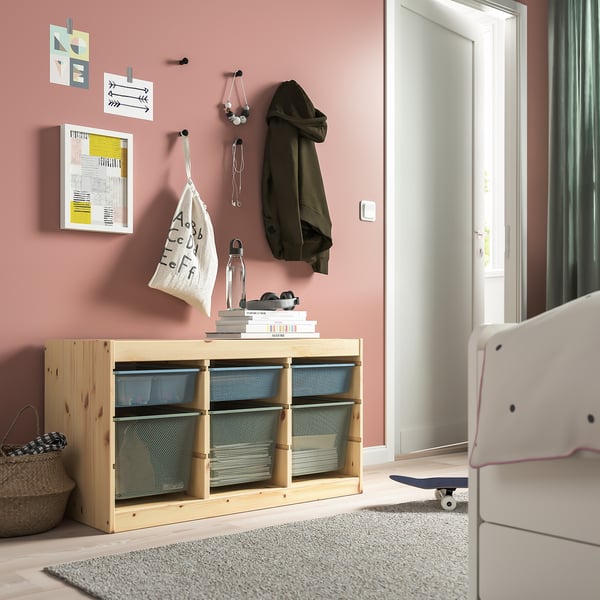 TROFAST storage combination with boxes, light white stained pine grey-blue/light green-grey, 93x44x52 cm