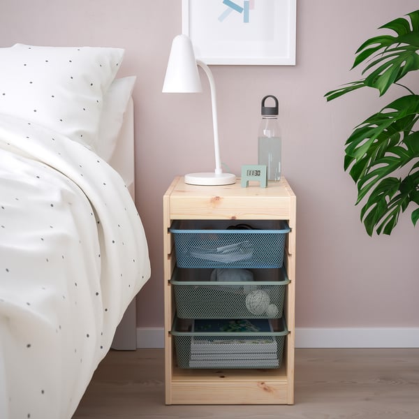 TROFAST storage combination with boxes, light white stained pine grey-blue/light green-grey, 32x44x52 cm