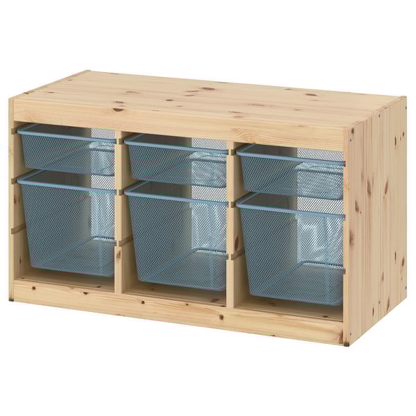 TROFAST storage combination with boxes, light white stained pine/grey-blue, 93x44x52 cm