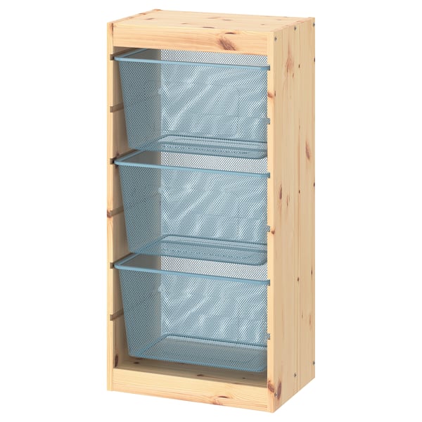 TROFAST storage combination with boxes, light white stained pine/grey-blue, 44x30x91 cm