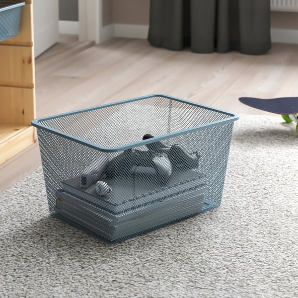 TROFAST storage combination with boxes, light white stained pine/grey-blue, 44x30x91 cm