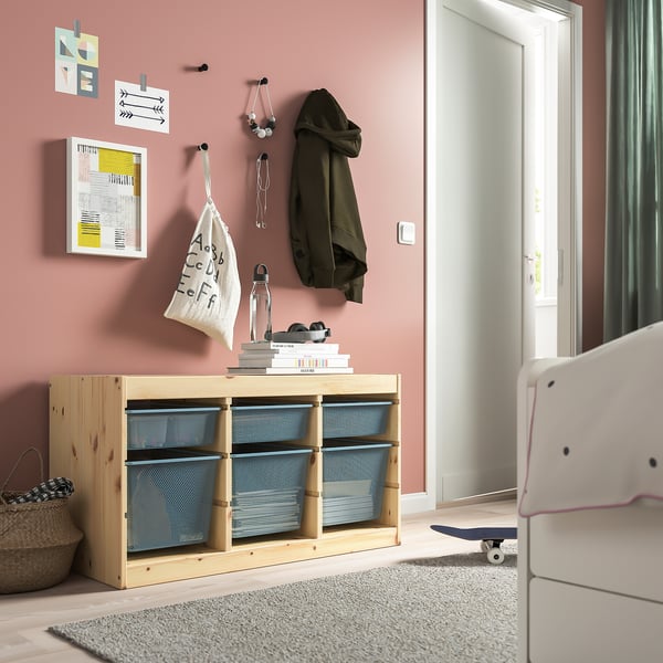 TROFAST storage combination with boxes, light white stained pine/grey-blue, 93x44x52 cm