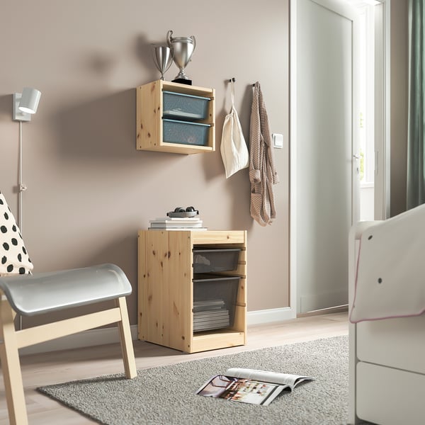 TROFAST storage combination with boxes, light white stained pine/dark grey, 32x44x52 cm
