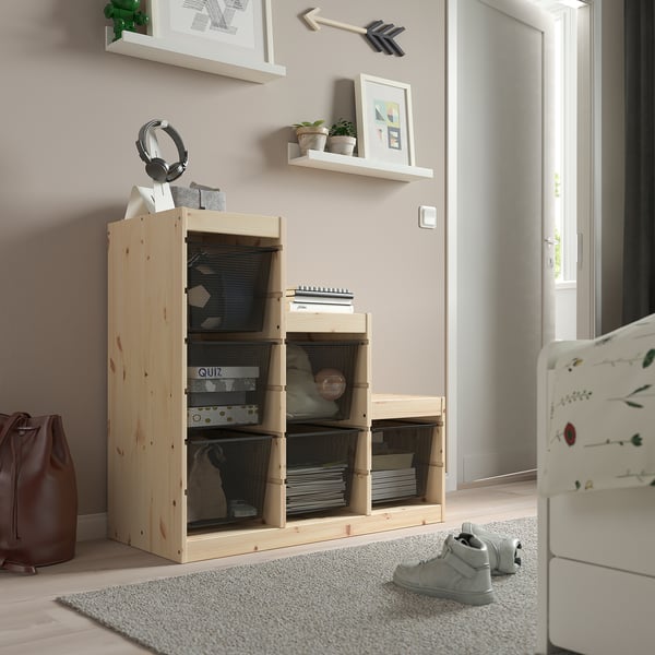 TROFAST storage combination with boxes, light white stained pine/dark grey, 94x44x91 cm