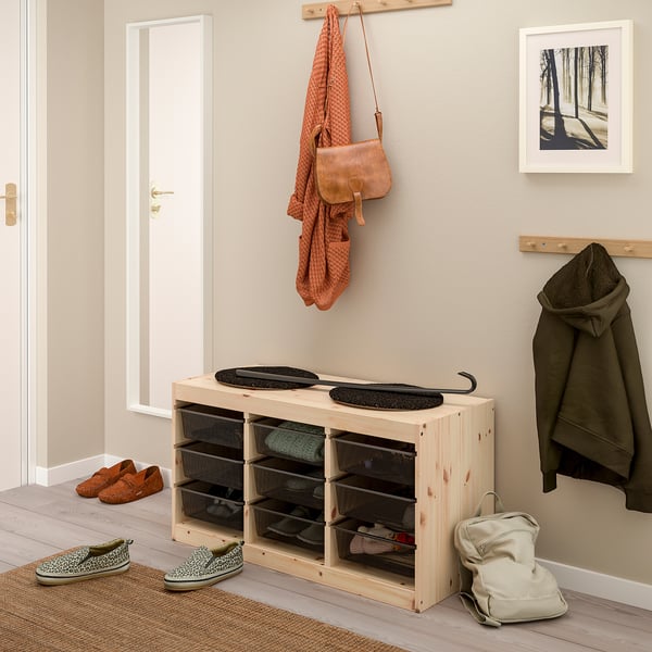 TROFAST storage combination with boxes, light white stained pine/dark grey, 93x44x52 cm