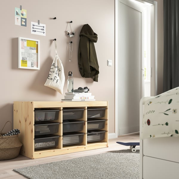 TROFAST storage combination with boxes, light white stained pine/dark grey, 93x44x52 cm