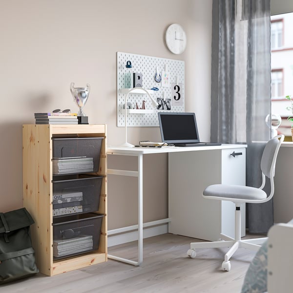TROFAST storage combination with boxes, light white stained pine/dark grey, 44x30x91 cm