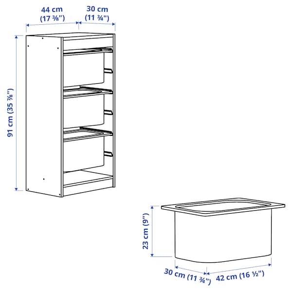 Ikea TROFAST - Storage combination with boxes, light white stained pine/dark grey, 44x30x91 cm