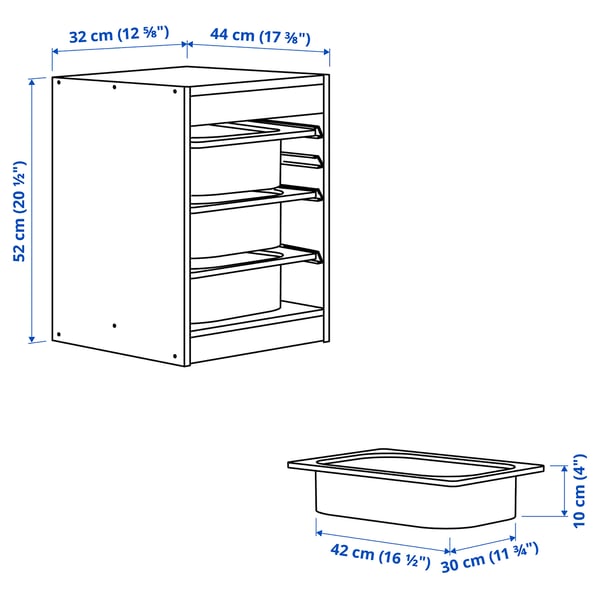 TROFAST storage combination with boxes, light white stained pine/dark grey, 32x44x52 cm