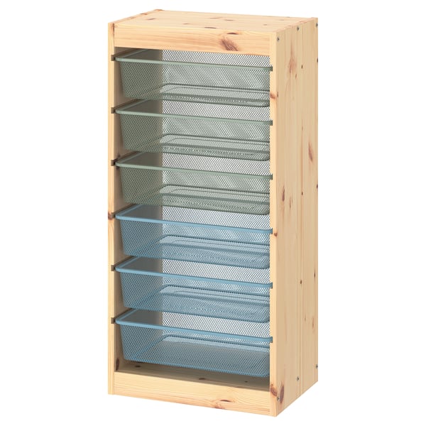 TROFAST storage combination with boxes, light white stained pine green-grey/grey-blue, 44x30x91 cm