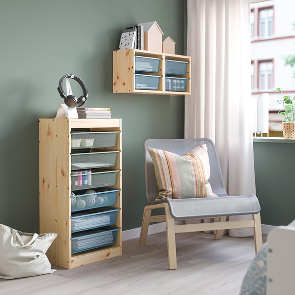 TROFAST storage combination with boxes, light white stained pine green-grey/grey-blue, 44x30x91 cm