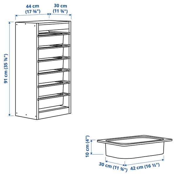 Ikea TROFAST - Storage combination with boxes, light white stained pine green-grey/grey-blue, 44x30x91 cm